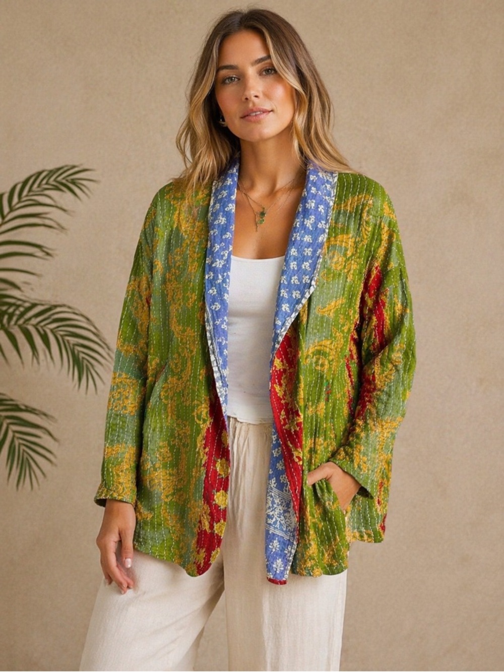 The Roots Boho Patchwprk printed Kantha quilted reversible artisan jacket
